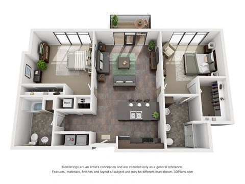 Floor plan for 2 beds, 2 baths, 1125 sqft